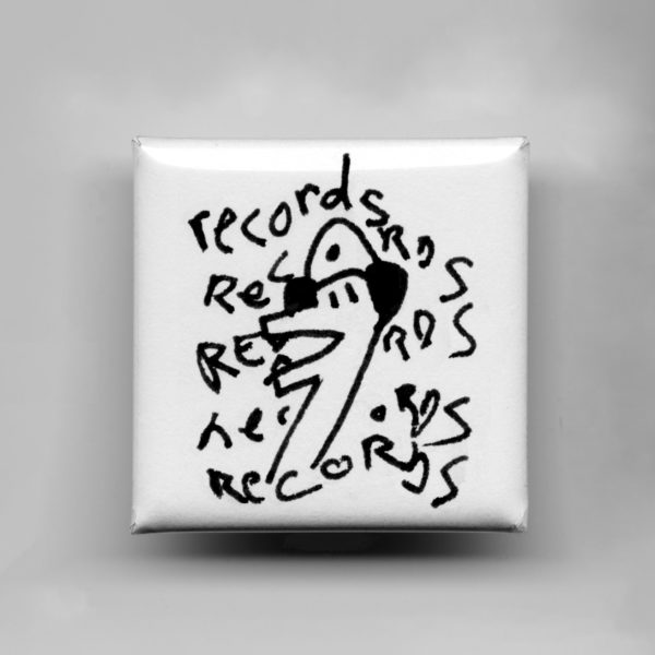 Square white button with black outline music fan monster with the word records repeated five times around it